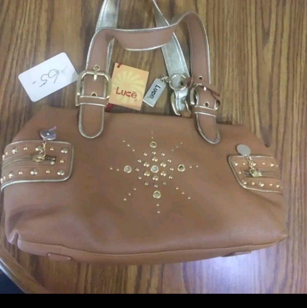 Luce Tan Leather Studded Shoulder Bag Gold Hardware